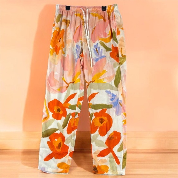 Pants - Floral Print Drawstring Relaxed Pants Orange Pink Blue Large Botanical Art